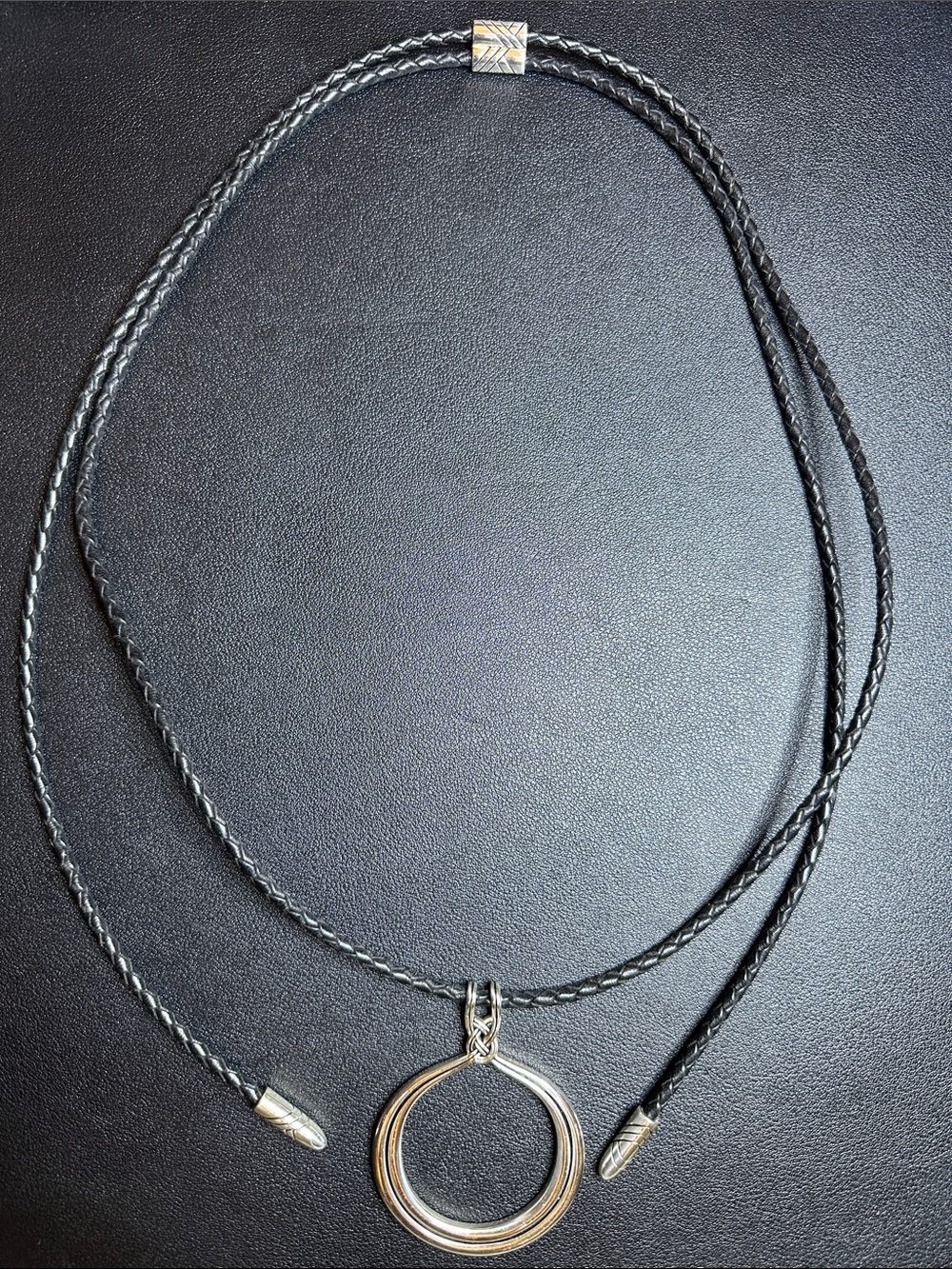 Brighton Interlok Circle Lariat Necklace Braided Black Leather Silver Retired